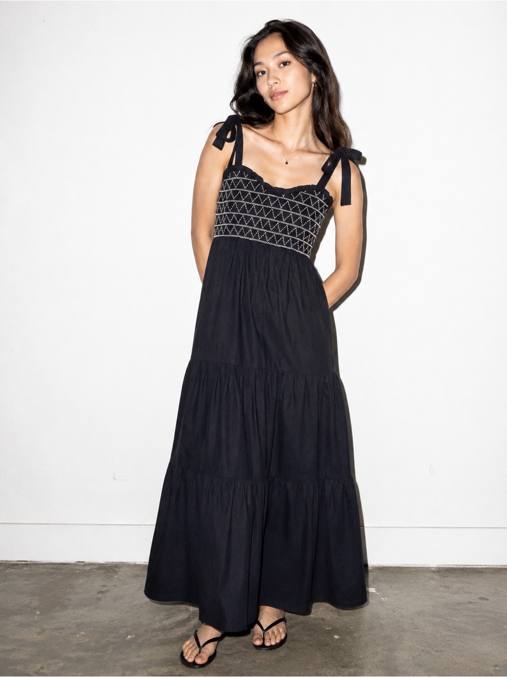 ROW A Black Embroidered Tie Strap Tiered Maxi Dress NWT Size XL